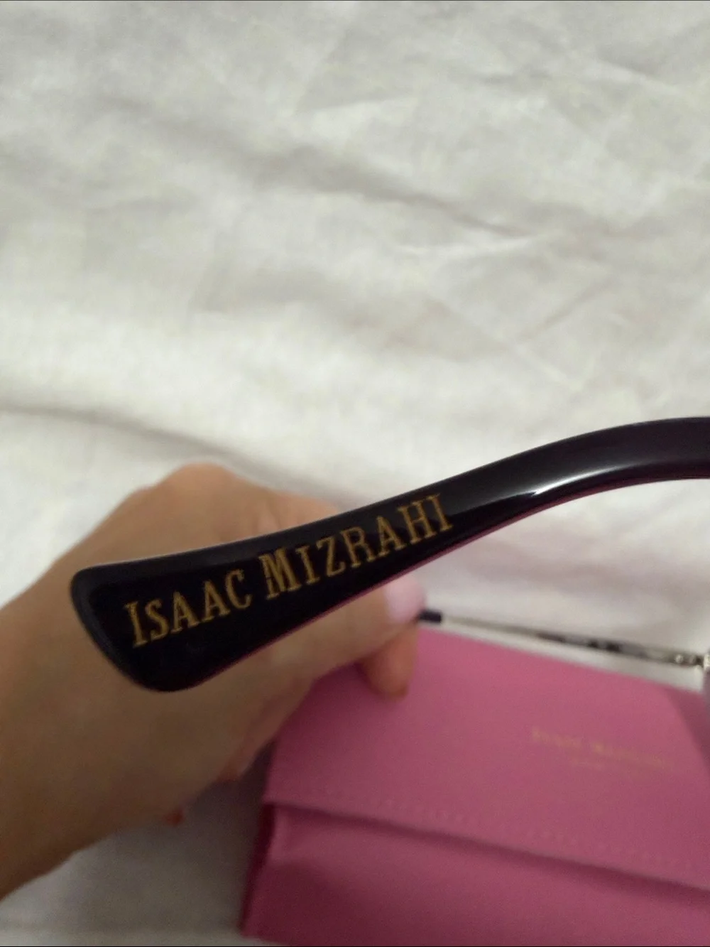 Isaac Mizrahi mauve cat-eye sunglasses with pink case